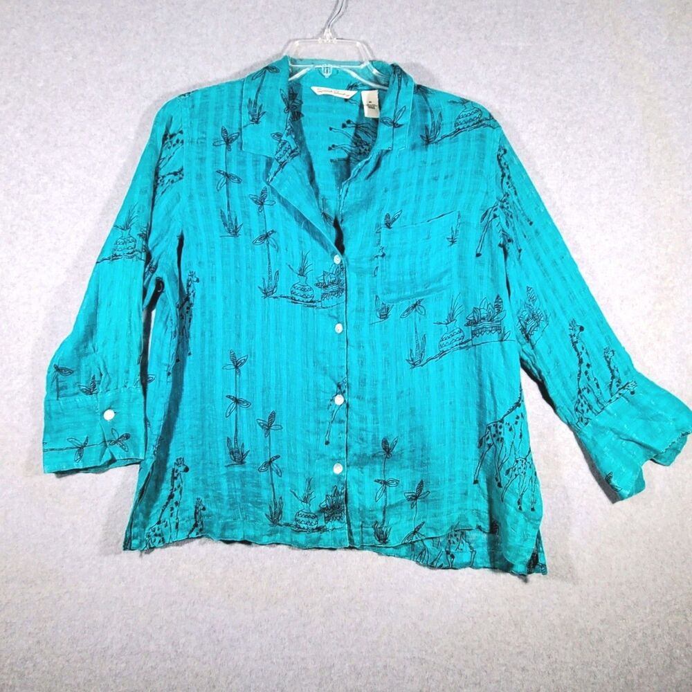 French Laundry 100% Linen Shirt Womens Novelty Giraffe Print Teal Blue Blouse XL